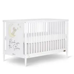 Dream On Me Moon Bear Reaching For The Stars 4 In 1 Modern Island Convertible Crib With Rounded Spindles Mural On One End Panel, White Finish