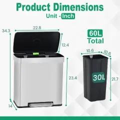 FDW 15 Gallon 60 Liter Trash Can Sleek Stainless Steel Step Trash Bin Garbage Can with Soft-Close Lid & Hygienic for Home and Office