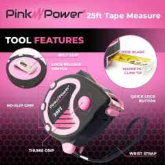 Pink Power 25ft Pink Tape Measure - Measuring Tape for Women's Tool Kit with Retractable Blade and Lock Button - Girls Lightweight Measurement Tool