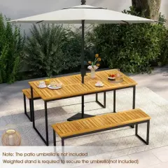 Tangkula 3 PCS Outdoor Dining Set for 6 w/Acacia Wood Tabletop Metal Frame Umbrella Hole