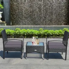 Tangkula 3 PCS Patio Wicker Rattan Furniture Set Coffee Table & 2 Rattan Chair w/ Cushion Grey