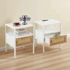 KWPZQEB Rattan Nightstands Set of 2 -Night Stands with Charging Station and Drawe, Metal Legs, Side Table for Living Room, Bedroom, White