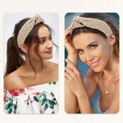 Unique Bargains Women's Bohemian Style Knotted Straw Rattan Sponge Headband Khaki Pink 2 Pcs