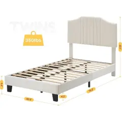 DobleePy Twin Plus Size Beige Kids Bed, Sturdy Velvet Headboard, Oak Wood Slats, Squeak Resistant, No Box Spring Needed, Easy Assembly