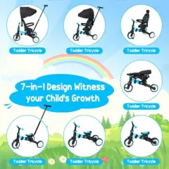 7-in-1 Baby Tricycle, Foldable Toddler Tricycle, Toddler Trike with Adjustable Parent Push Bar