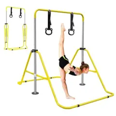 DSVIMOY Kids Gymnastic Bar, Multi-Functional Adjustable Height Children's Horizontal Gymnastic Bar With Bear Rings, Yellow, 39"*57"*51"