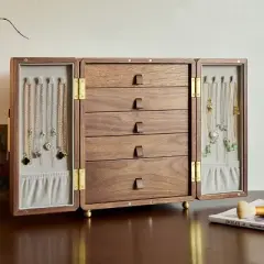 Vintage Walnut Wooden Jewelry Box with Embossed Glass Doors, Brass Lock, Gift Organizer for Women