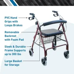 BodyMed Regular Aluminum Rollator, Medical Roller, PVC Soft Seat, Walking Aid, Elder Assistance, Four Wheels, Burgundy with Loop Brakes