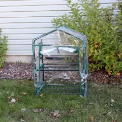 Sunnydaze Outdoor Portable Growing Rack 2-Tier Greenhouse with PVC Roll-Up Door - 2 Shelves - Clear