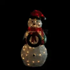 Northlight 38" Lighted White and Red Tinsel Snowman with Wreath Outdoor Christmas Decoration