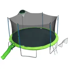 Whisen 16 ft. Trampoline with Basketball Hoop, Outdoor Trampolines w/Ladder and Safety Enclosure Net, Slide and Football Goal