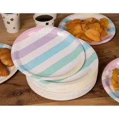 Blue Panda 80-Count Disposable Paper Plates Party Supplies Multi-Colored Pastel Stripes Design, 9"x9"