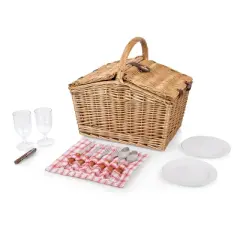 Picnic Time Piccadilly Picnic Basket with Service for Two: Wicker Set, Gingham Check, Includes Tableware & Wine Glasses