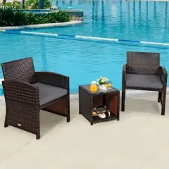 Tangkula 3 PCS Patio Rattan Furniture Set Conversation Chair Set with Soft Cushion & Coffee Table for Backyard Poolside Garden Gray