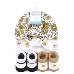 Hudson Baby Infant Girls Turban and Socks Set, Golden Daisy Outline, One Size