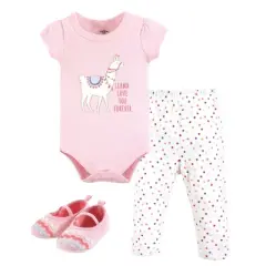 Little Treasure Baby Girl Cotton Bodysuit, Pant and Shoe 3pc Set, Llama Love