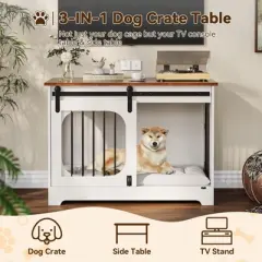 39.4'' Wooden Dog Crate Furniture TV Stand, Dog Kennel for Small/Medium/Large Dogs, End Side Table Dog Crates with Soft Cushion, Arched Door Design