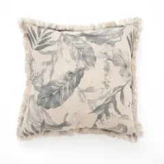 Linen Printed Cushion with Fringes (Grey)