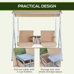 Sapphtopaz Porch Swing Glider Chair with Pivot Storage Outdoor Swing with Adjustable Canopy and Cup Holders for Garden, Backyard, Patio