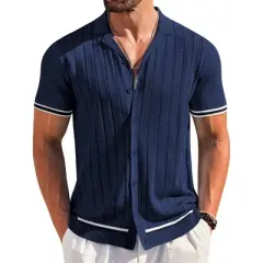 COOFANDY Men's Short Sleeve Knit Casual Button Down Shirt Vintage Striped Knitted Golf Beach Tops