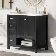 Whisen Bathroom Vanity with Sink, Freestanding Vanity with Drawers, cabinet and Open shelf