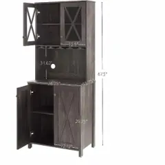 Farmhouse Bar Cabinet with Glasses Holder, 67.5"Tall Kitchen Coffee Bar with 4 Doors, Freestanding Sideboards Buffets Bar Cabinet, Grey