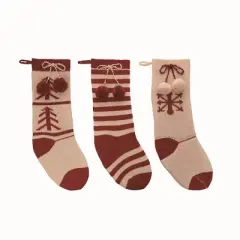 Transpac Red and White Knit Stocking Set of 3 Christmas Home Decorations Holiday Stockings Polyester