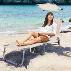 Costway Foldable Lounge Chair Outdoor Adjustable Beach Patio Pool Recliner with Sun Shade