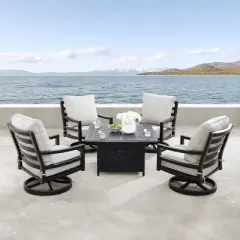 5pc Outdoor Dining Set with 42" Aluminum Square Medallion Design Fire Table & Deep Seating Swivel Rocking Chairs - Oakland Living