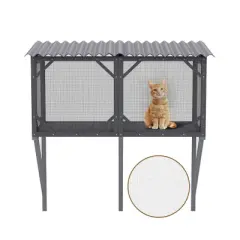 Akoasm 44.5 in. W Large Indoor Wooden Cat Cage with Bug Proof For Sunbathing, Napping & Overlooking-Antique Gray