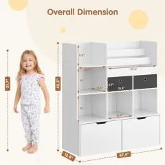 COZONY 47" Toy Storage Organizer with Drawers, Wooden Kids Bookshelf & Cubby Bookcase, Toy Chest for Playroom, Nursery, Kids Room, White
