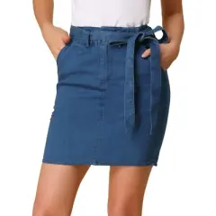 Allegra K Women's Summer High Waist Paper Bag Elastic Knot Belted Denim Skirt