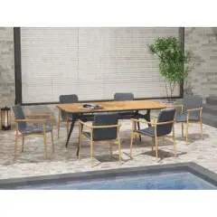 Planked Wood & Textured Weave 6Piece Outdoor Dining Set Metal Frame Table & Angled Stool Seats for Backyard