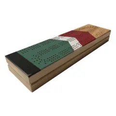 WE Games Cabinet Cribbage Set - Nautical Print - Solid Wood Continuous 3 Track Board with Easy Grip Pegs, Cards and Storage Area