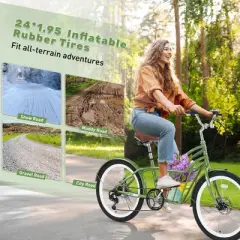 NAYSAYE Bicycle 24 Inch Adult Commuter Bike with 6 Speed Shifter Steel Frame for Daily Rides, Green, 68.9"*22.4"*46.1"