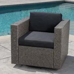 FIONECA Swivel Patio Chair with Cushions, Outdoor Single Rattan Chair with 360&iexcl;&atilde; Rotation, Mix Black Wicker / Dark Grey Cushion