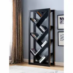 FC Design V-Shaped Etagere Bookshelf, V Bookcase with 7 Tier Open Shelves in Black and Faux Gold Trim