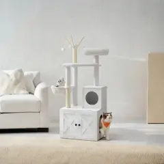 Modern Cat Tree with Litter Box Enclosure - 2-in-1 Cat Tower, 55.1-Inch Cat Condo with Scratching Posts, Removable Pompom Sticks