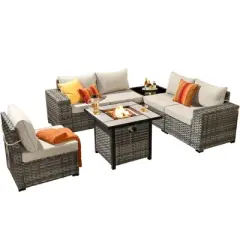 Marlton 7pc Wicker Outdoor Patio Furniture Set Conversation Sofa Set with a Fire Pit and Cushions