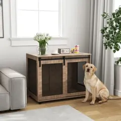 PawHut 39" Dog Crate Furniture, Dog Kennel Furniture End Table with Sliding Barn Door, Furniture Style Dog Crate for Large Dogs, Walnut Brown