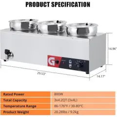 Commercial Soup Warmer 3x4.2QT Triple Well Bain Marie 1200W With Adjustable Temp