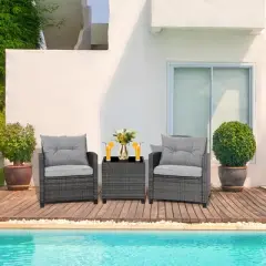 Tangkula 3PCS Patio Rattan Sofa Set Outdoor Wicker Conversation Set Glass Tabletop w/ Grey Cushion