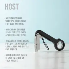 HOST Double Hinged Corkscrew, Black Bottle Opener and Foil Cutter, Wine Key, Bar Accessories