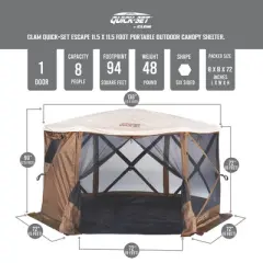 CLAM Quick-Set Pavilion Camper Foot Portable Pop-Up Camping Outdoor Gazebo Screen Tent 6 Sided Canopy Shelter with Stakes and Bag