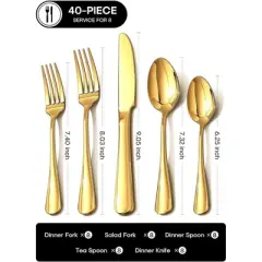 BRINJOY 40-Piece Gold Flatware Set - 8-Person Stainless Steel Cutlery Set with Mirror Polish, Dishwasher Safe for Kitchen & Dining