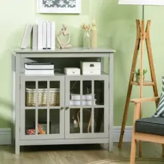 HOMCOM Kitchen Sideboard, Storage Buffet Cabinet with Open Shelf, Glass Door Cabinet and Adjustable Shelf for Living Room, Gray