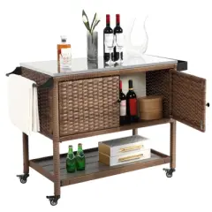 Outdoor Wicker Bar Cart, Patio Wine Serving Cart with Stainless Steel Top, Beverage Bar Prep Table with Storage & Wheel for Backyard Poolside Brown