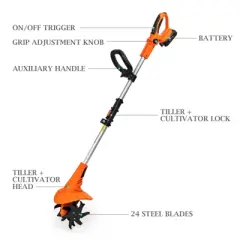 Ukoke Cordless Tiller Cultivator, 20V 2.5Ah Battery, 280 RPM, 24 Steel Blades, 5" Deep x 7.8" Wide Tilling Path, Orange, ST1902