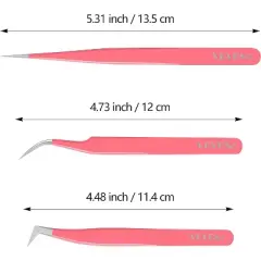 VEYES INC Lash Tweezers for Eyelash Extensions Tweezers Kit Contains Isolation,Curved and Volume Lash Tweezers (3pcs) Pink