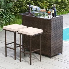 Tangkula 3 Pieces Patio Bar Set PE Wicker Outdoor Bar Table & Stools Set w/ Removable Cushions
